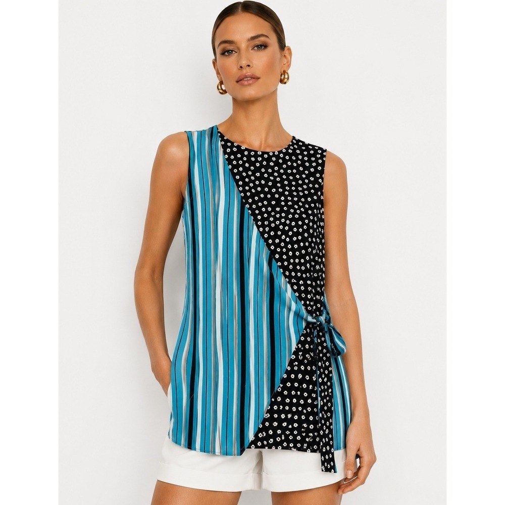 Diane Von Furstenberg Blue Sleeveless Faux Wrap Blouse Size S